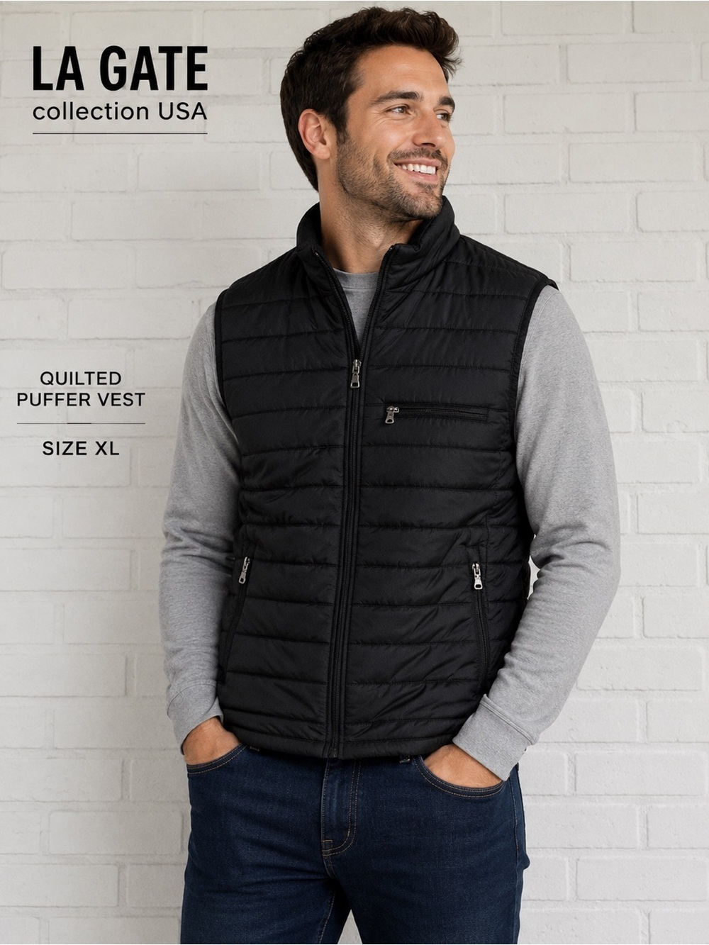 LA GATE collection USA black men quilted puffer vest/size XL